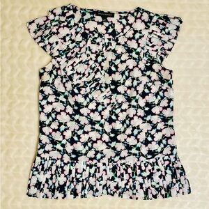 EUC- Banana Republic Black and Pink Floral Ruffled Cap Sleeve Blouse